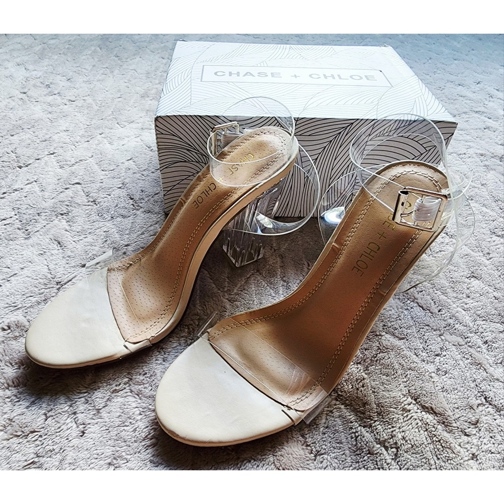 Chase & Chloe Nude Clear Strappy Block High Heels Womens 6.5 Aura-55